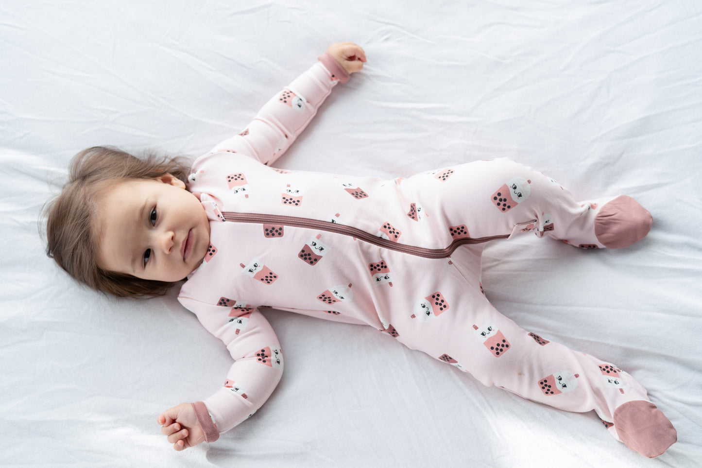 Bamboo Fleece  Footie w/2 Way zipper (Bubble Tea Print)