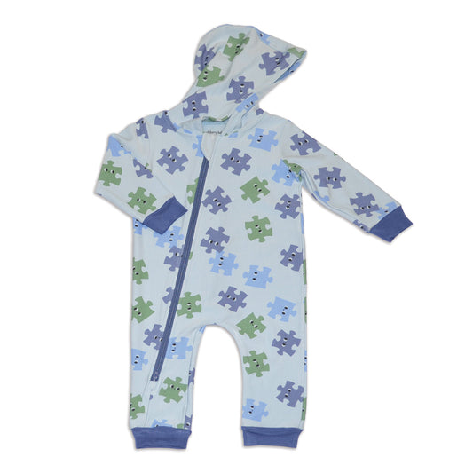 Bamboo Fleece Hooded Romper with 2 Way Zipper (Puzzle Pals Print)