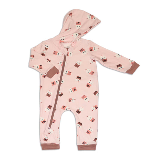 Bamboo Fleece Hooded Romper with 2 Way Zipper (Bubble Tea Time Print)