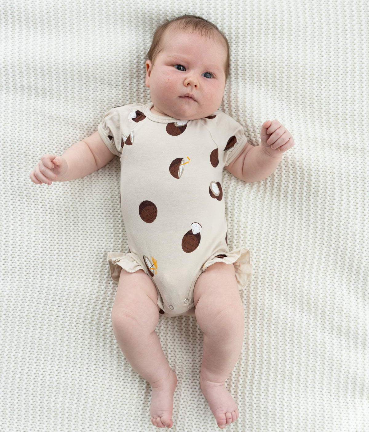 Bamboo Short Sleeve Ruffle Onesie (Coconut Print)