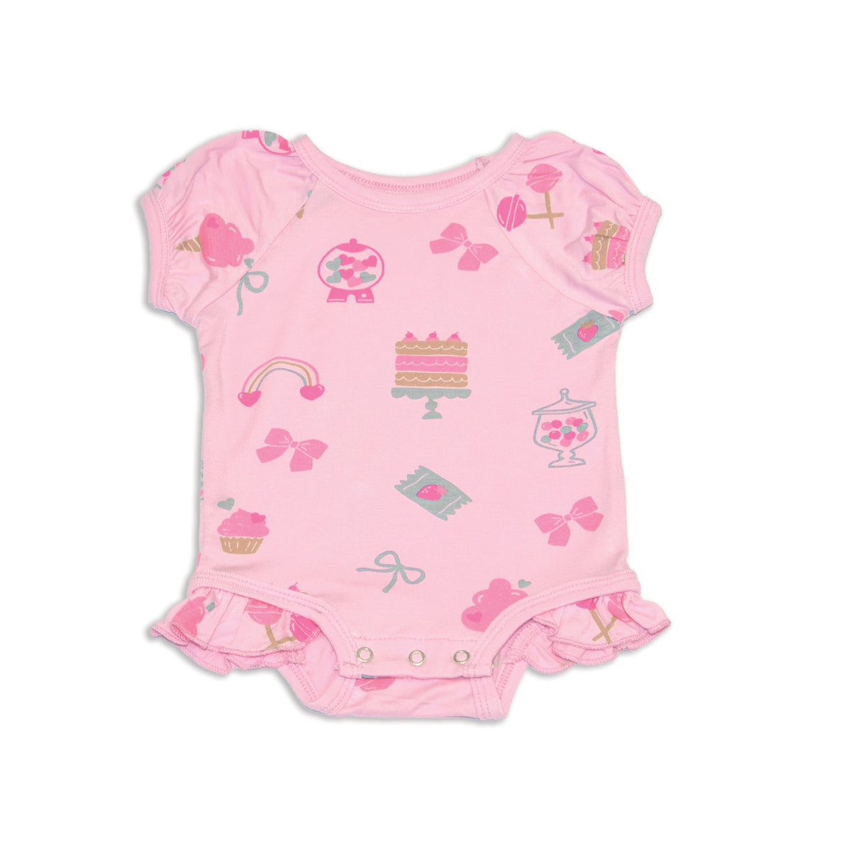 Bamboo Short Sleeve Ruffle Onesie (Sweet Shop Print)