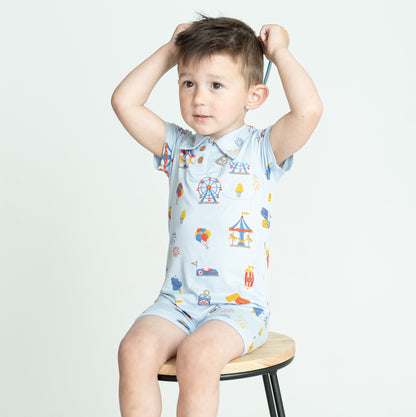 Bamboo Short Sleeve Polo Romper (Funland Print)