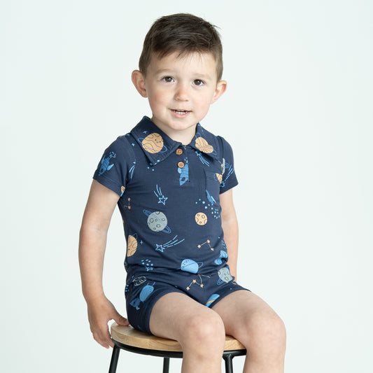 Bamboo Short Sleeve Polo Romper (Lost in Space Print)