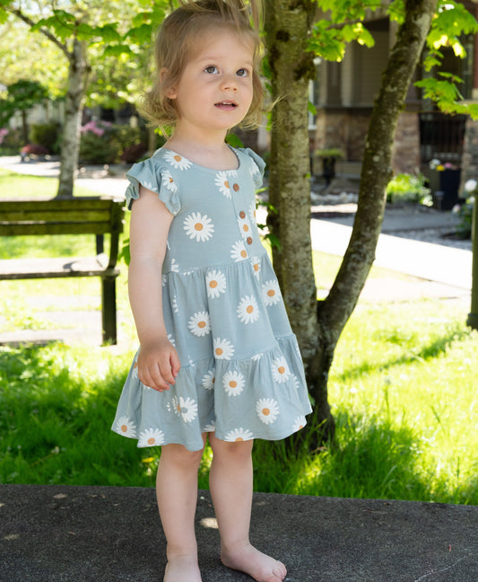 Bamboo Flutter Sleeve Tiered Dress with Bloomer (Daisy Print)
