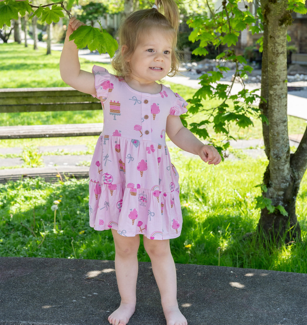 Bamboo Flutter Sleeve Tiered Dress with Bloomer (Sweet Shop Print)