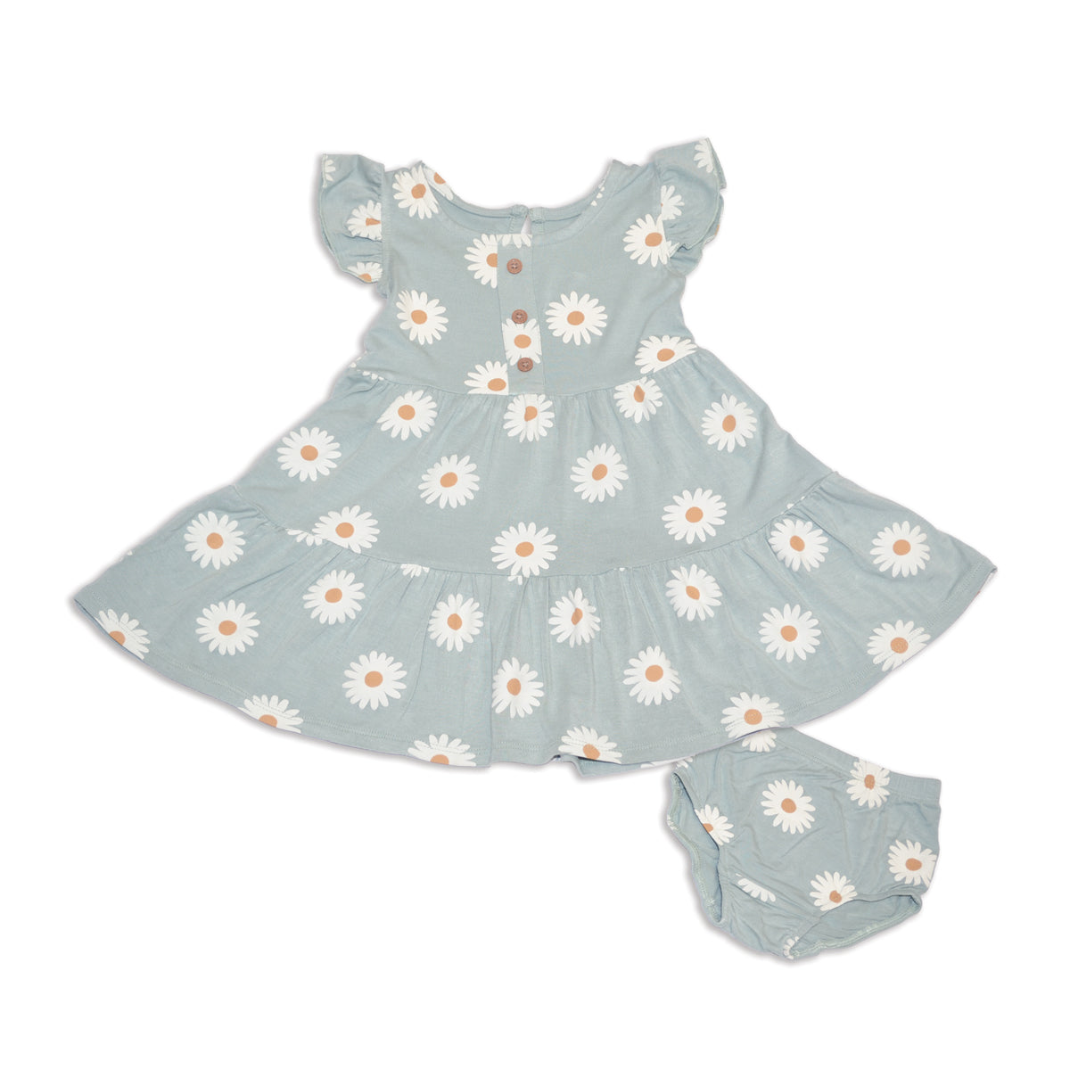 Bamboo Flutter Sleeve Tiered Dress with Bloomer (Daisy Print)