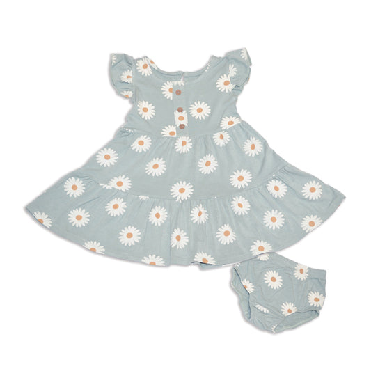Bamboo Flutter Sleeve Tiered Dress with Bloomer (Daisy Print)