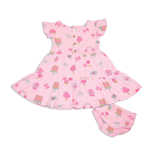 Bamboo Flutter Sleeve Tiered Dress with Bloomer (Sweet Shop Print)