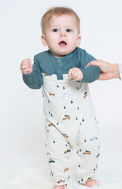 Rayon from Bamboo Long Sleeve Romper (Pine/Winter Road Trip Print)