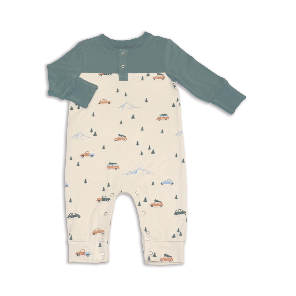 Bamboo Long Sleeve Romper (Pine/Winter Road Trip Print)