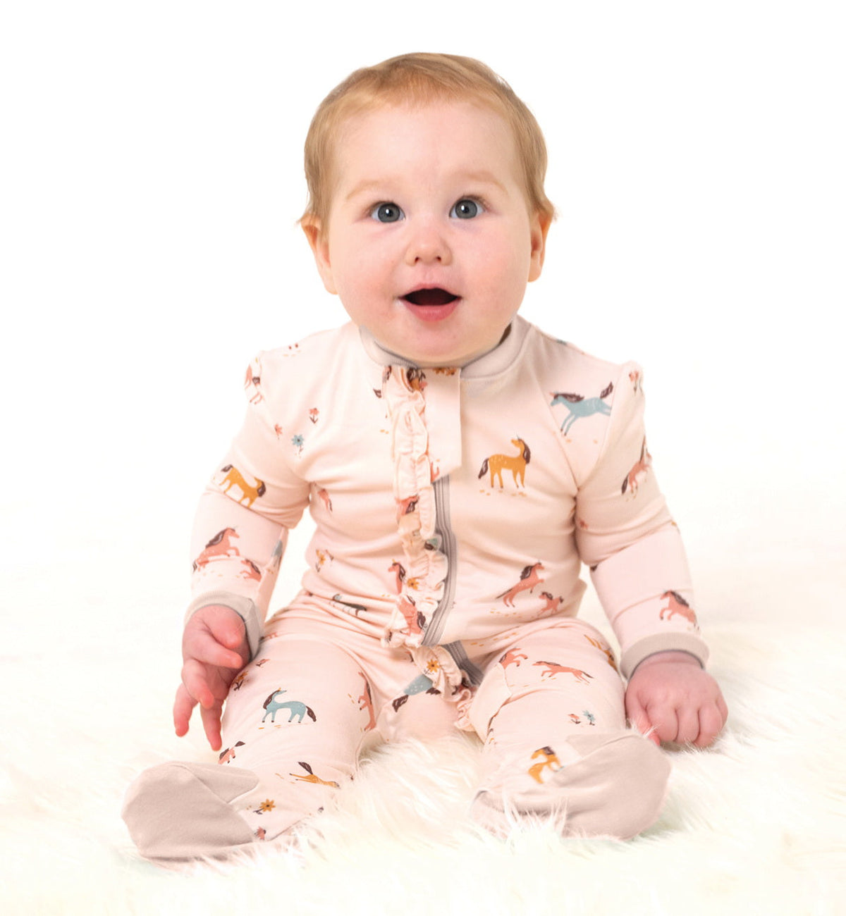 Bamboo Ruffle Footies with Two Way Zipper (Unicorn Meadow Print)