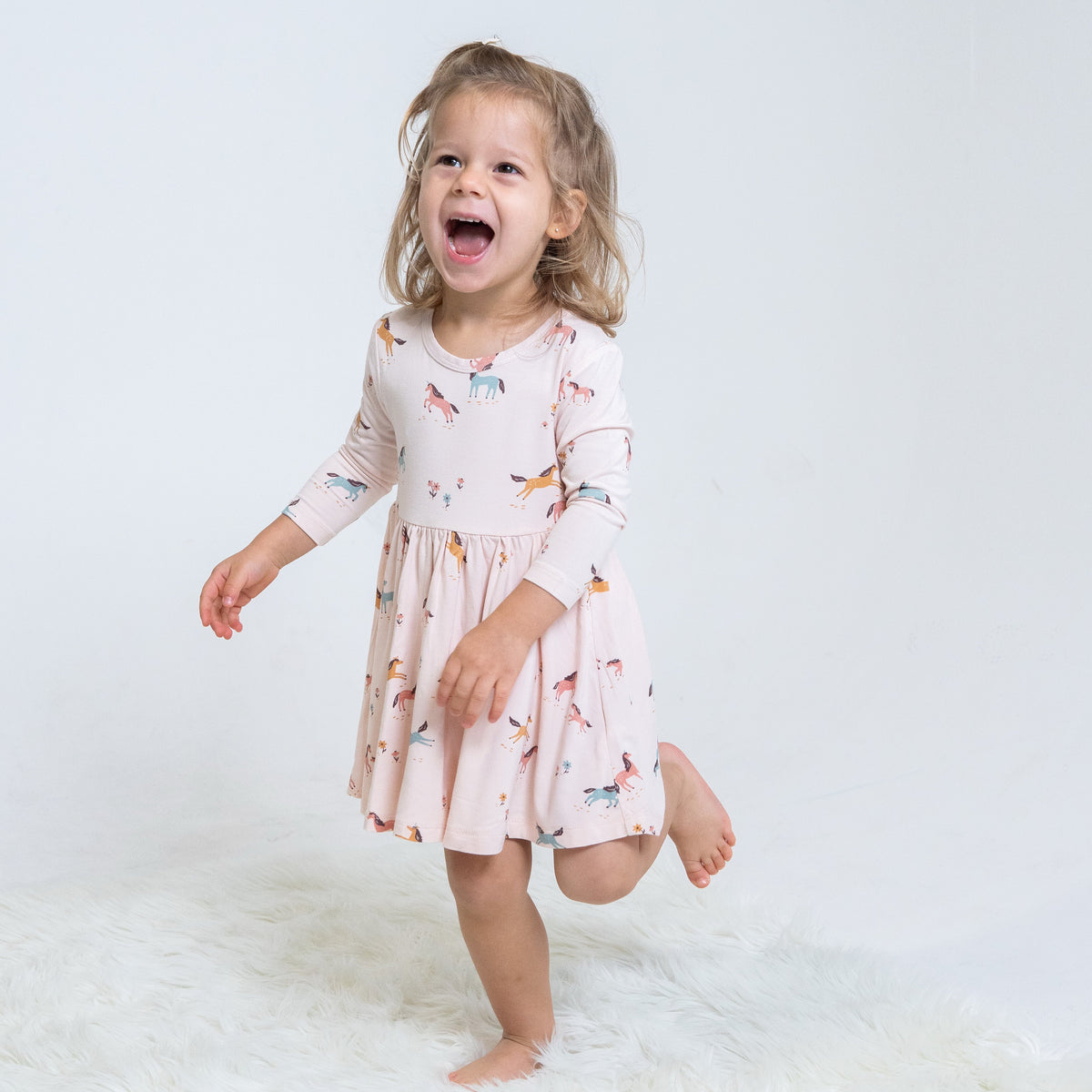 Bamboo Jersey Long Sleeve Twirl Dress w/ Bloomer (Unicorn Meadow Print)