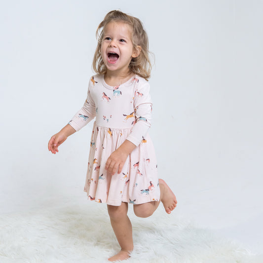 Bamboo Jersey Long Sleeve Twirl Dress with Bloomer (Unicorn Meadow Print)
