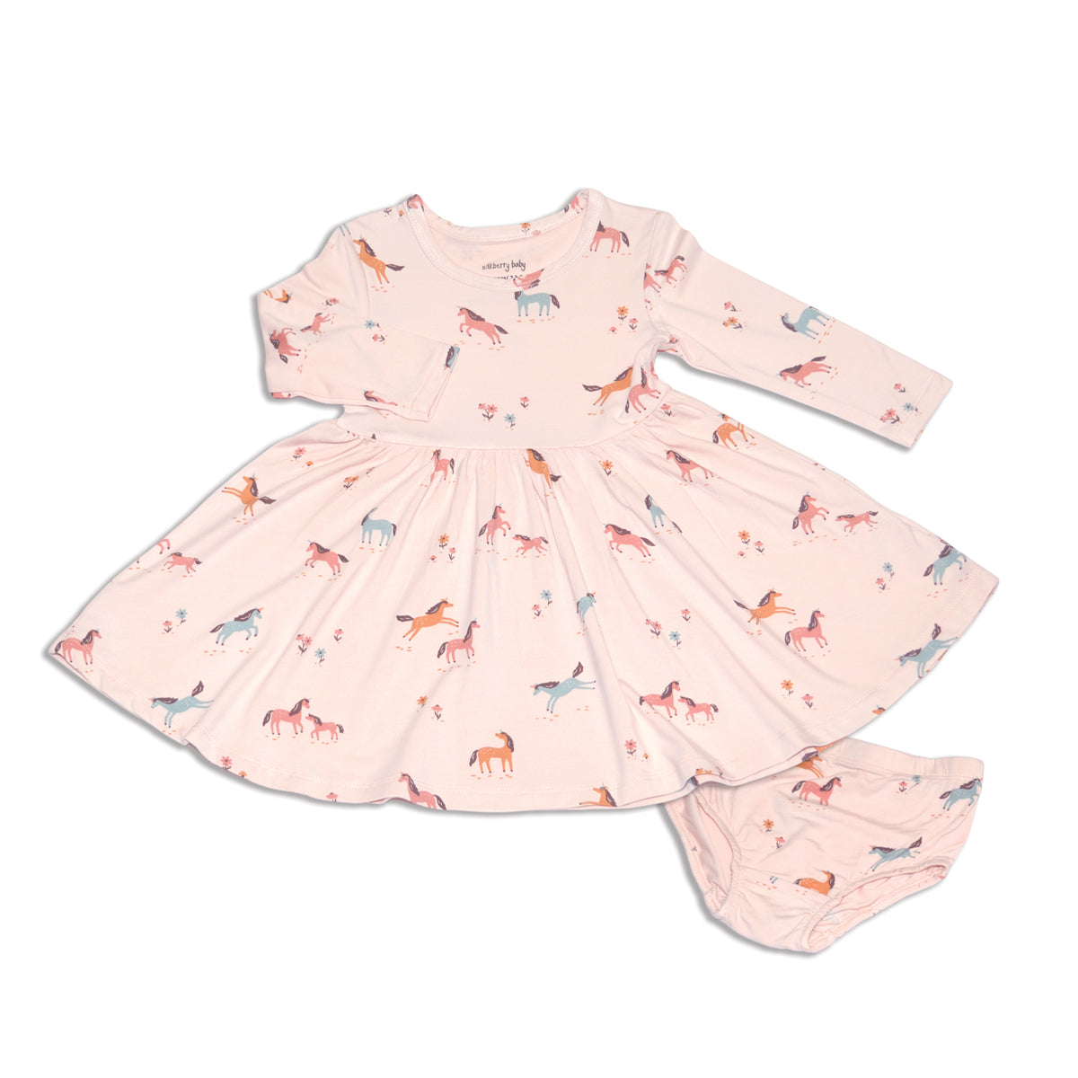Bamboo Jersey Long Sleeve Twirl Dress w/ Bloomer (Unicorn Meadow Print)