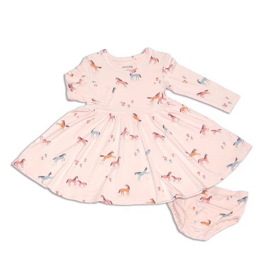 Bamboo Jersey Long Sleeve Twirl Dress with Bloomer (Unicorn Meadow Print)