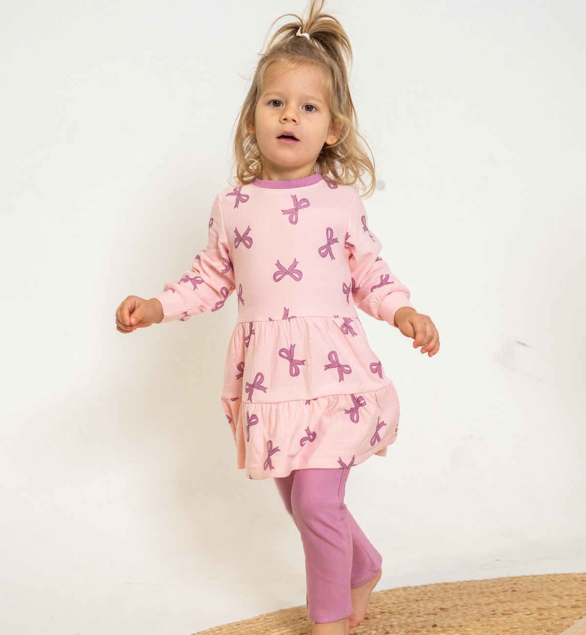 Bamboo Fleece Tiered Dress (Whimsical Bow Print)