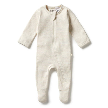Pyjama zippé en coton biologique à rayures avec pieds | Couleur avoine | Wilson + Frenchy