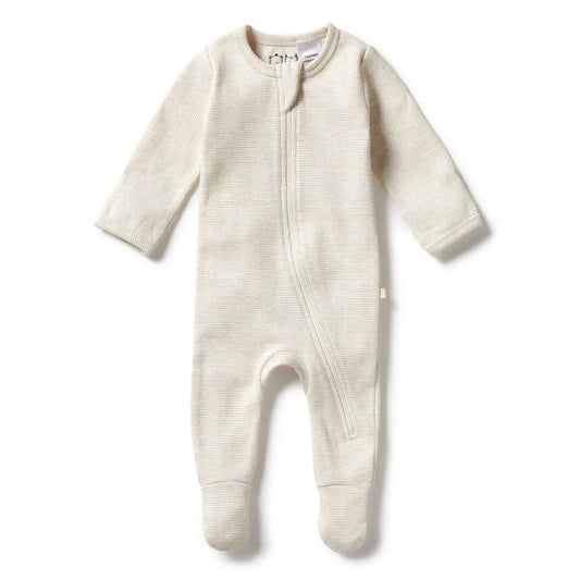 Pyjama zippé en coton biologique à rayures avec pieds | Couleur avoine | Wilson + Frenchy