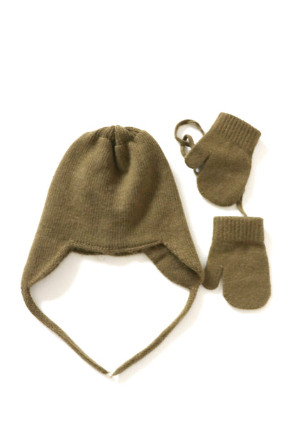 Ensemble bonnet et moufles en laine coloris Pin