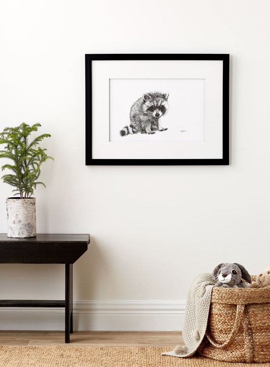 Adorable Bébé Raton Laveur - Impression d'Art Noir et Blanc Animaux Sauvages pour Chambre d'Enfant