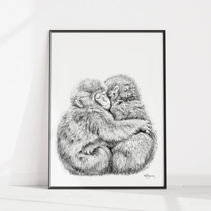 Adorable monkey hug - Art Print