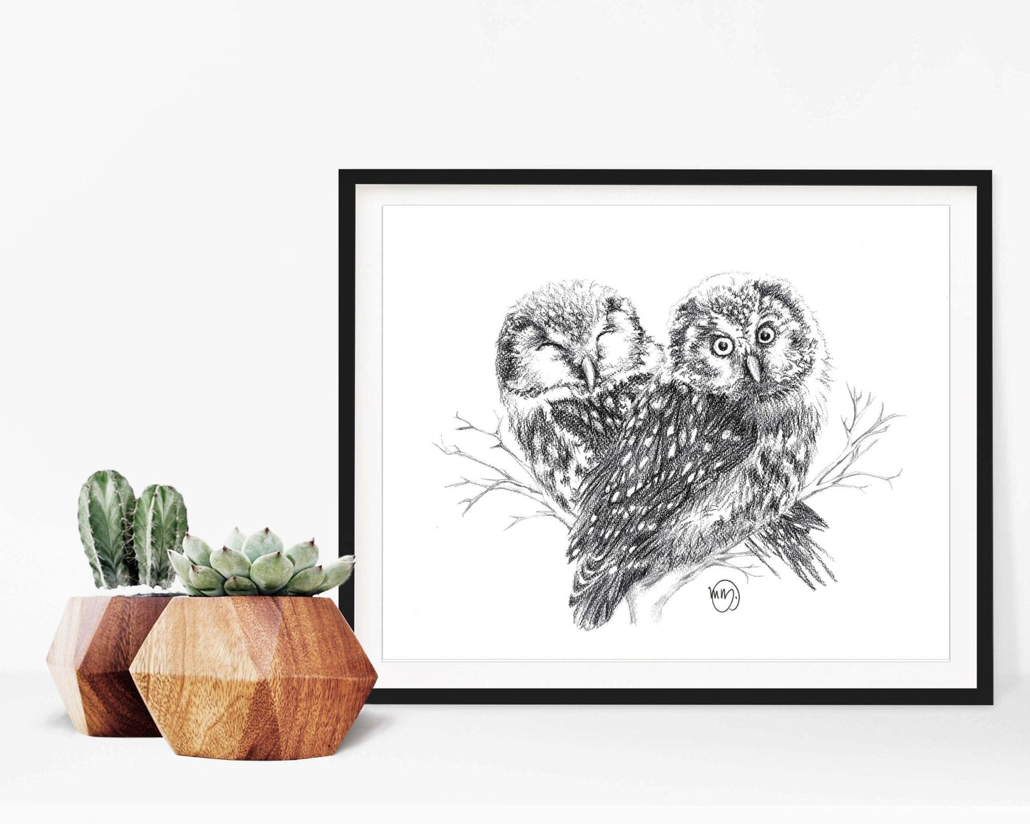 Adorables hiboux amoureux - impression d'art
