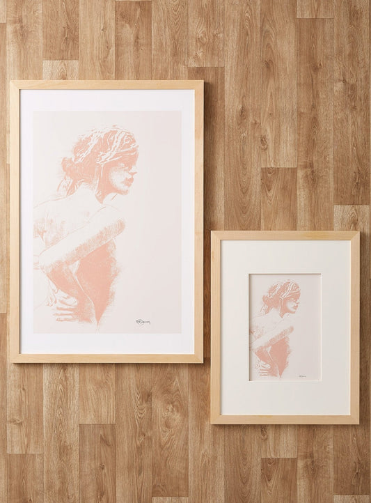 Silhouette féminine au fusain - Abricot sur crème - impression d'art