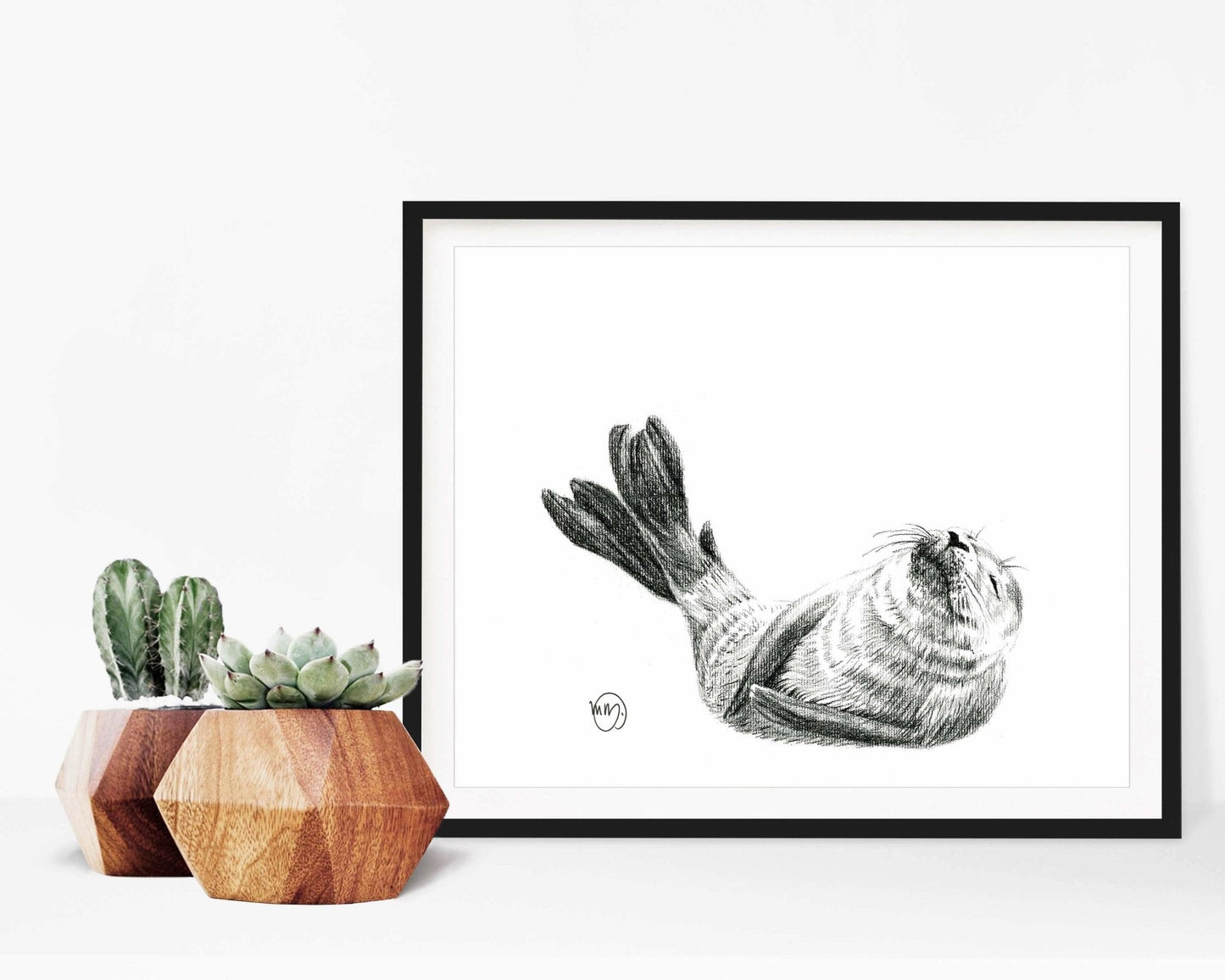 Mignon bébé phoque, impression d'art noir et blanc pour chambre de bébé sur le thème de la faune