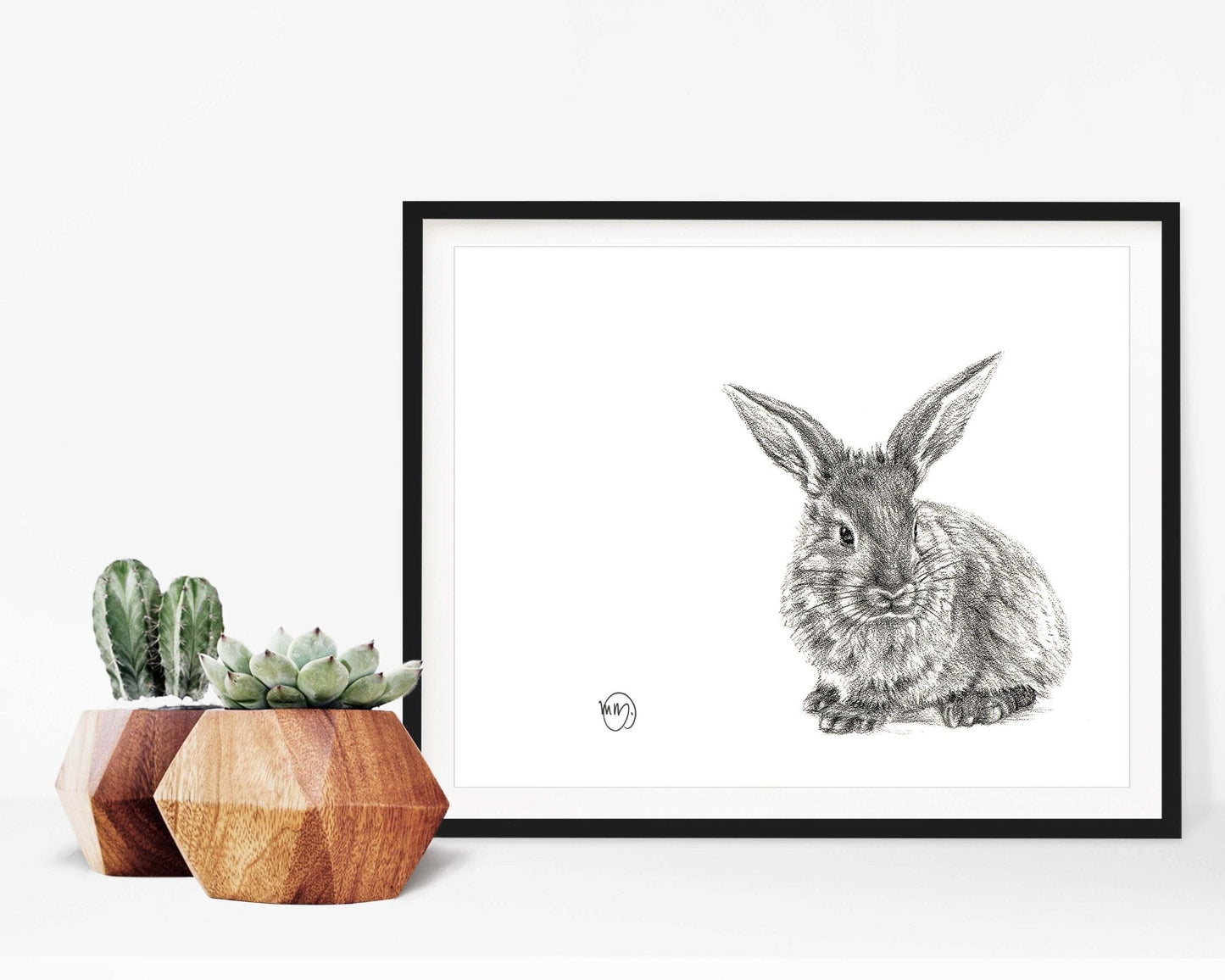 Profil de lapin mignon - Impression d'art noir et blanc de faune pour chambre d'enfant