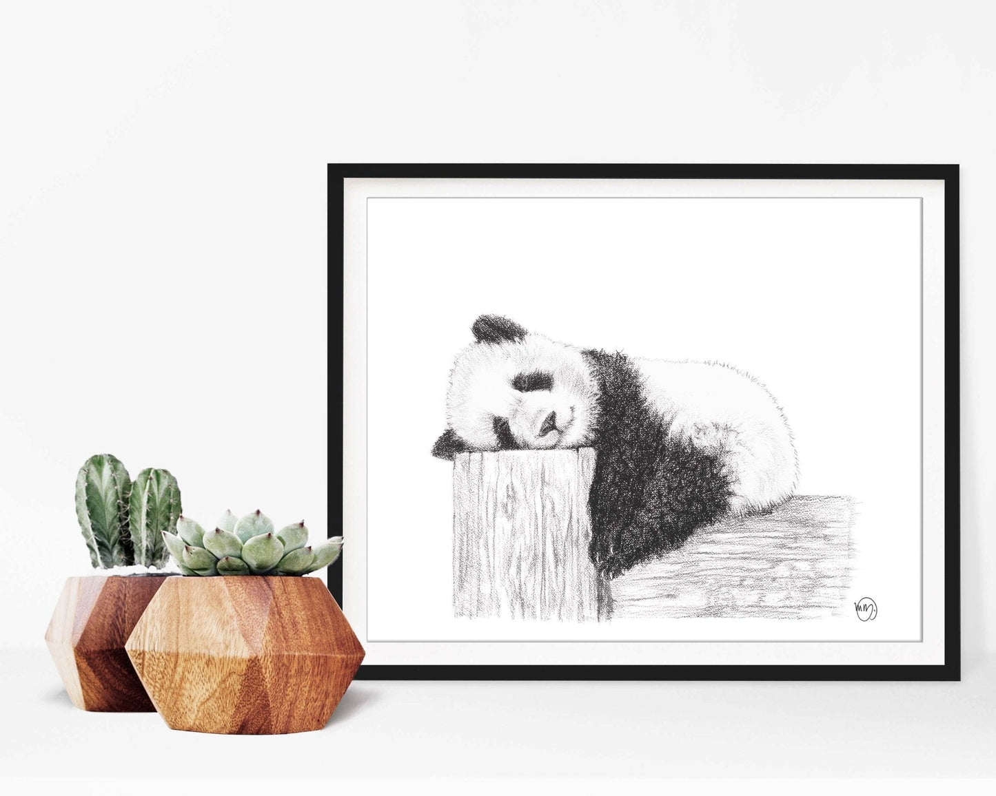 Adorable Panda endormi - Impression d'art en noir et blanc