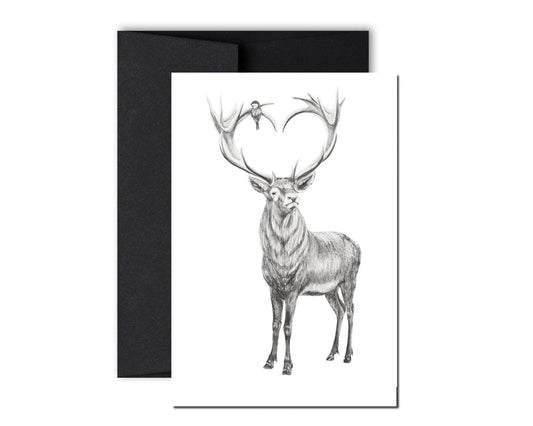 Carte de vœux cerf avec des bois en forme de cœur