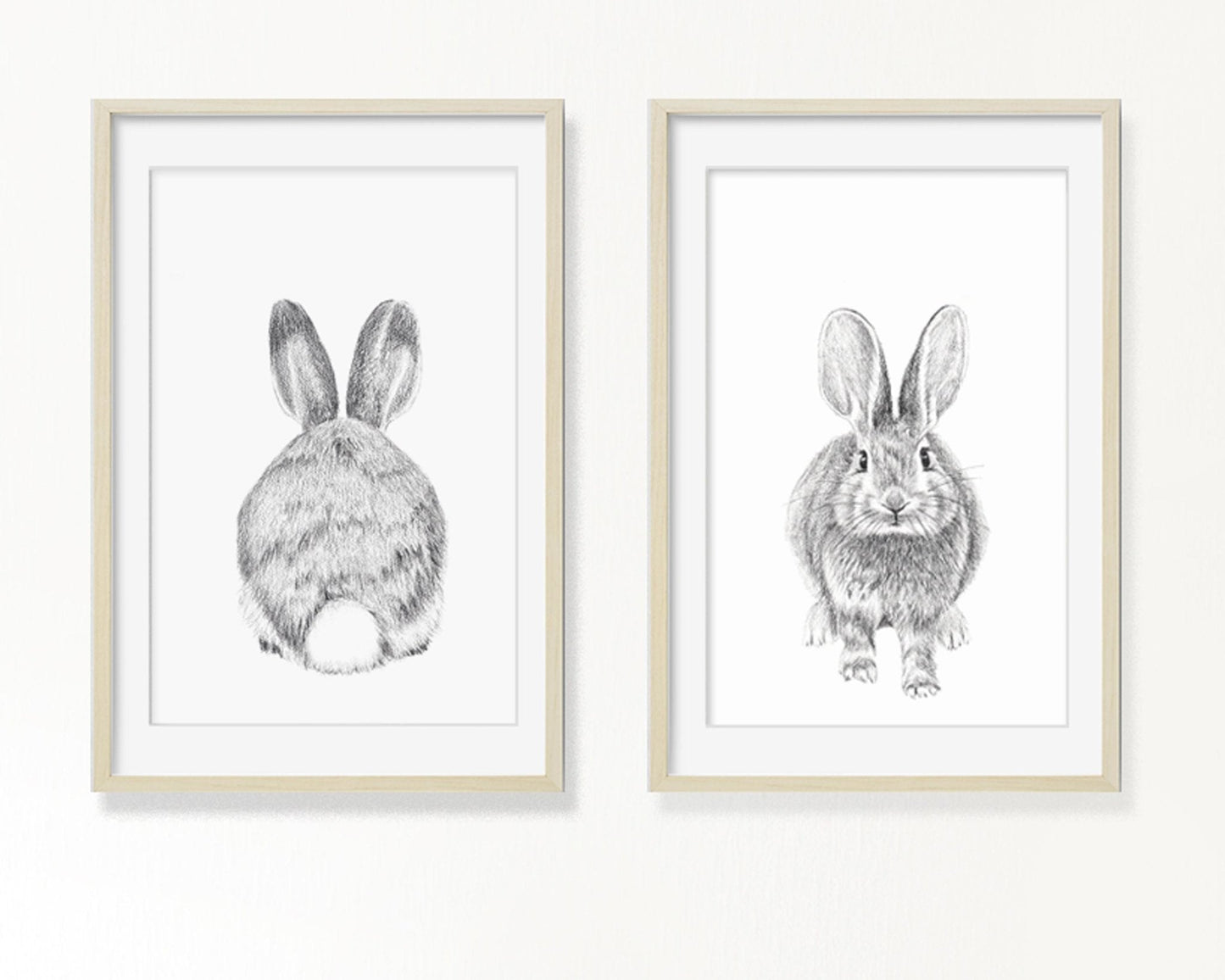 Duo de bébés lapins, imprimés d'art mural noir et blanc pour chambre d'enfant, recto verso