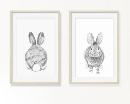 Baby Bunny Duo , Front & Back Black and White Nursery Art Prints
