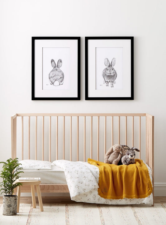 Duo de bébés lapins, imprimés d'art mural noir et blanc pour chambre d'enfant, recto verso