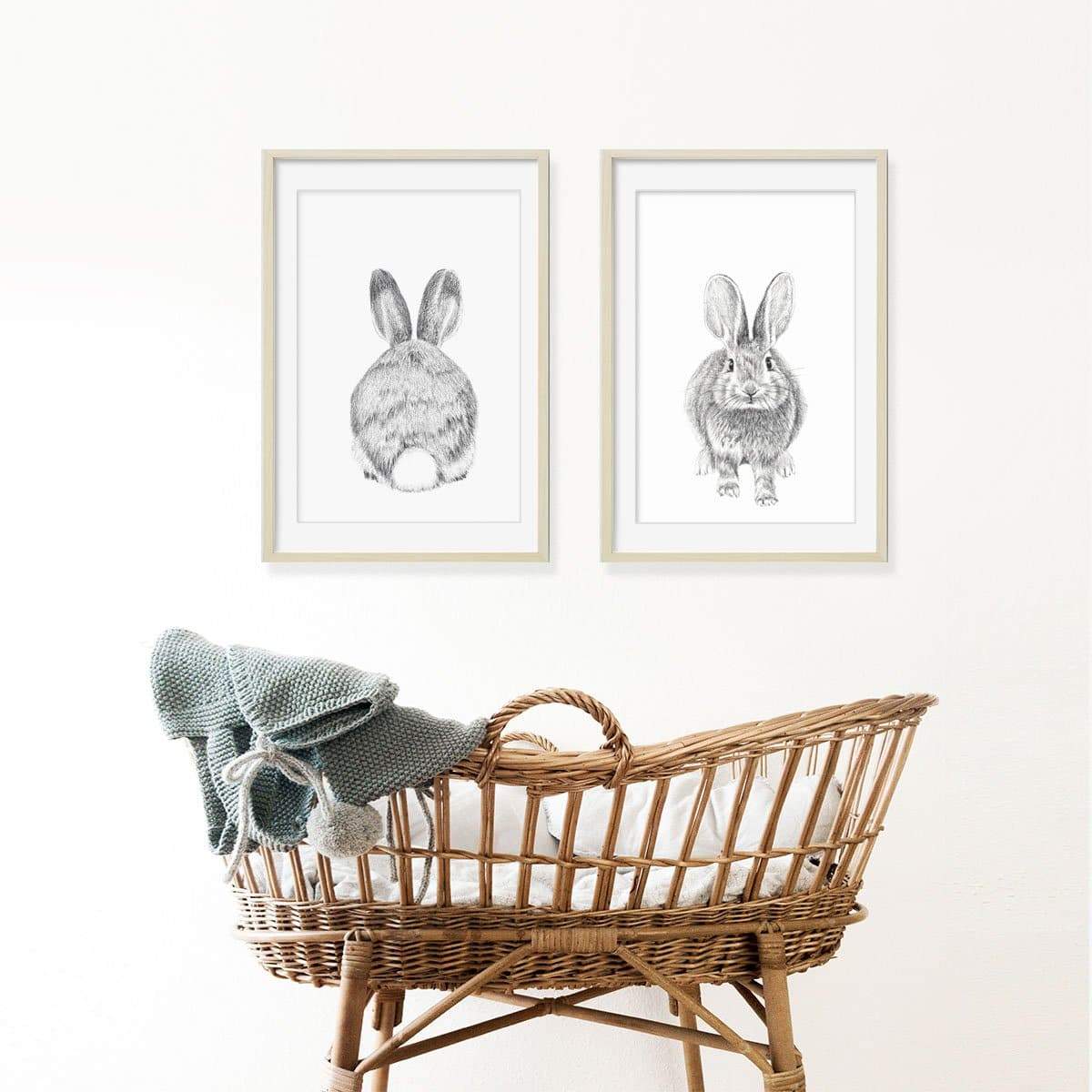 Duo de bébés lapins, imprimés d'art mural noir et blanc pour chambre d'enfant, recto verso