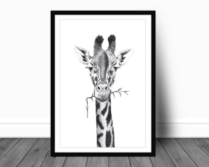 Portrait de girafe - impression d'art safari noir et blanc