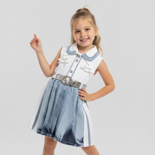 Sparkle Denim Girls’ Sleeveless Pleated Dress