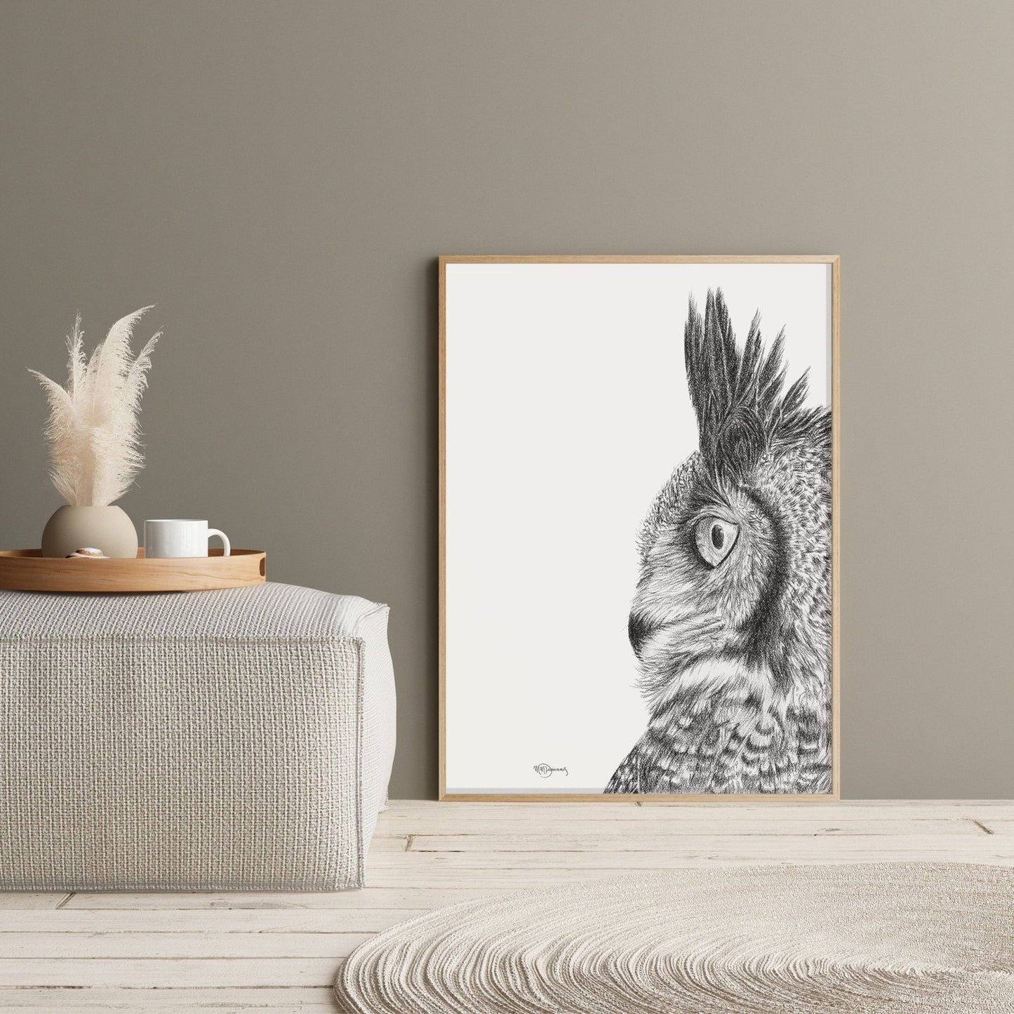 Hibou grand-duc - Estampe d'art animalier en noir et blanc