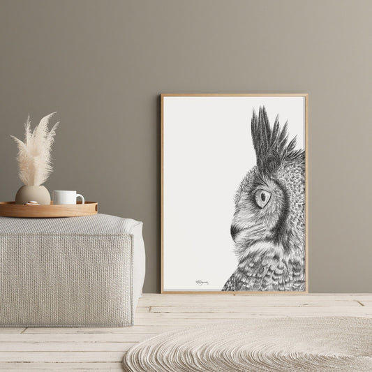 Hibou grand-duc - Estampe d'art animalier en noir et blanc