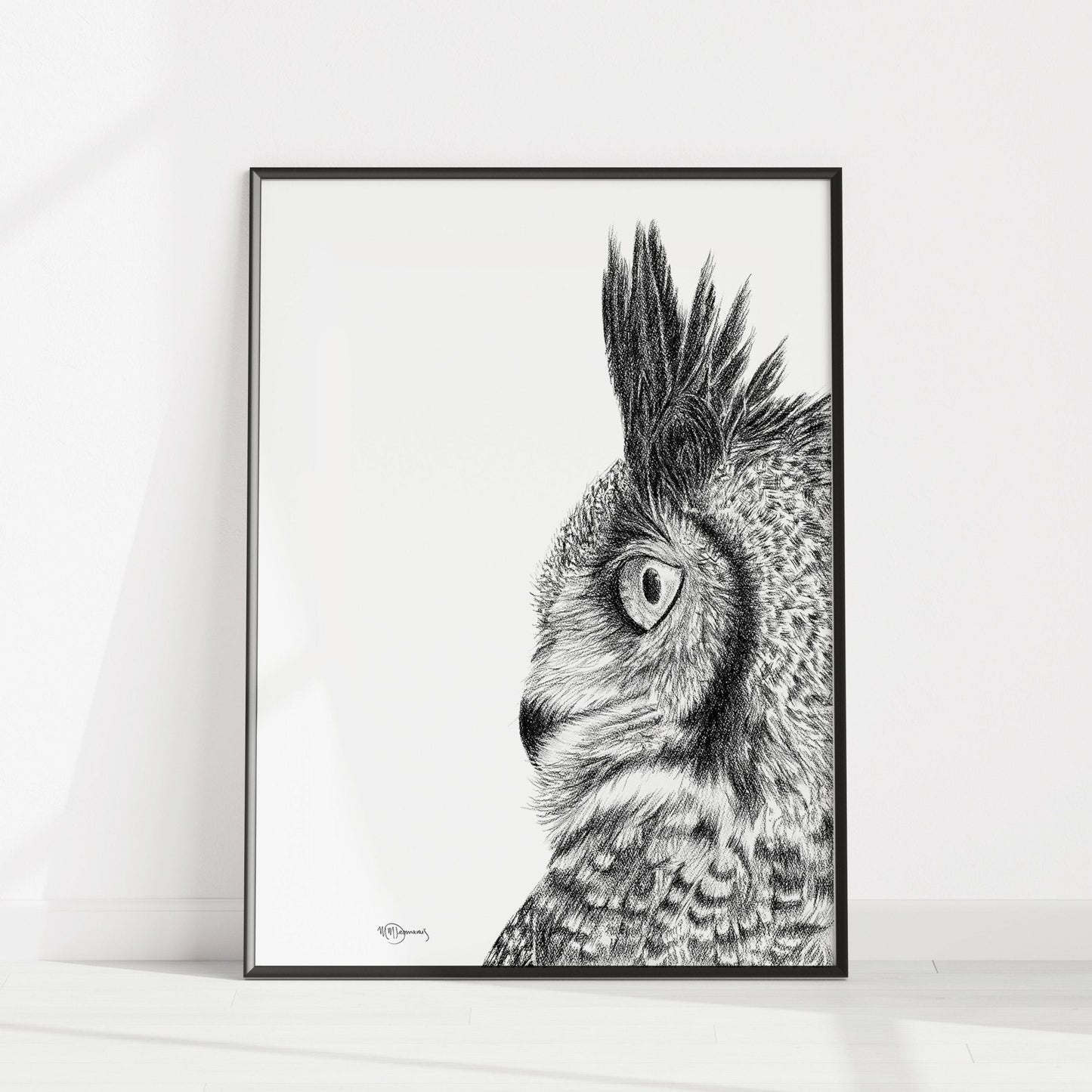 Hibou grand-duc - Estampe d'art animalier en noir et blanc