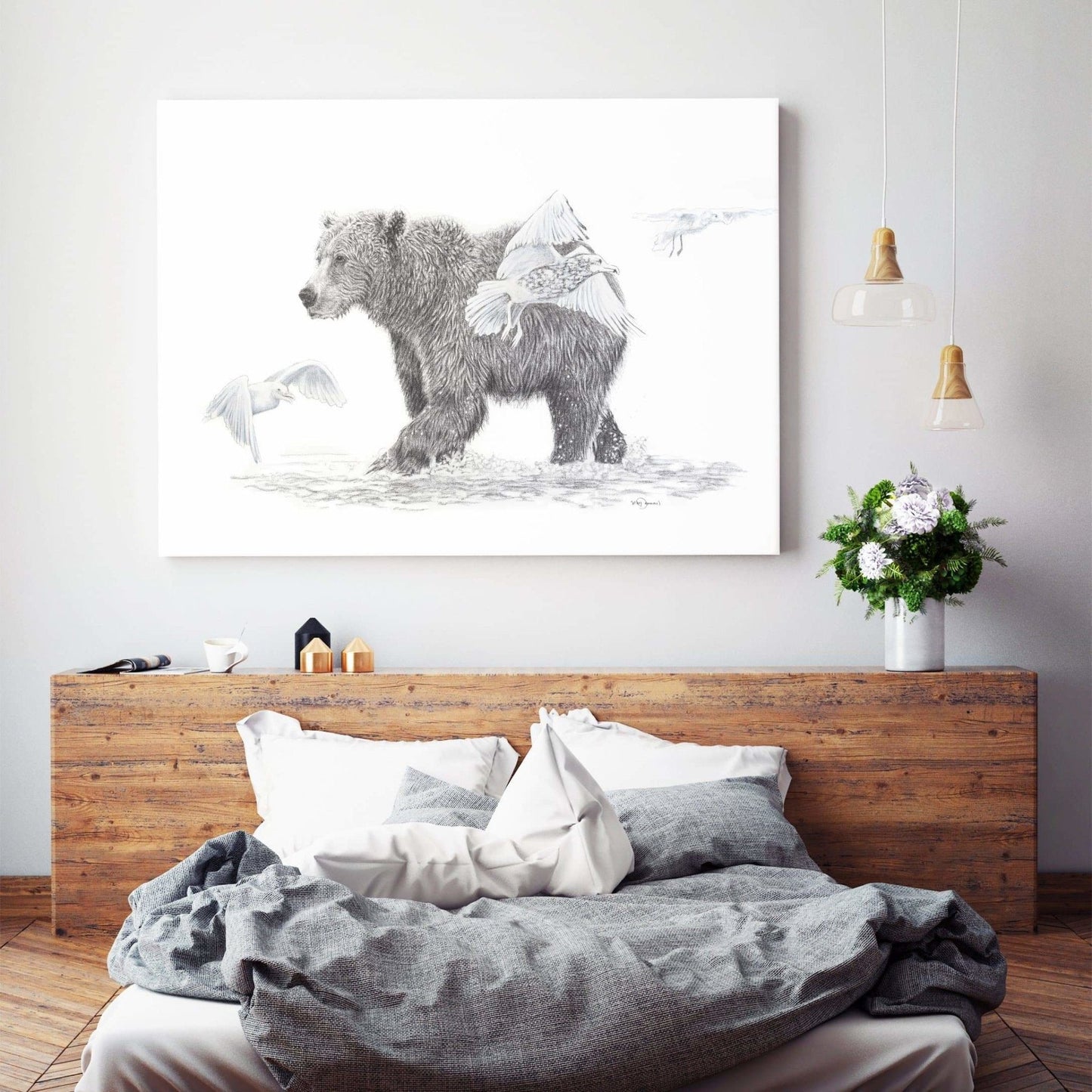 Grizzly avec oiseaux - Décoration murale animalière du bois