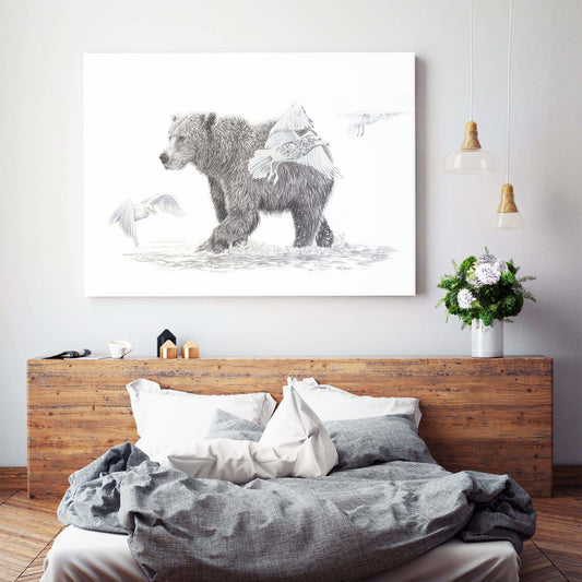Grizzly avec oiseaux - Décoration murale animalière du bois