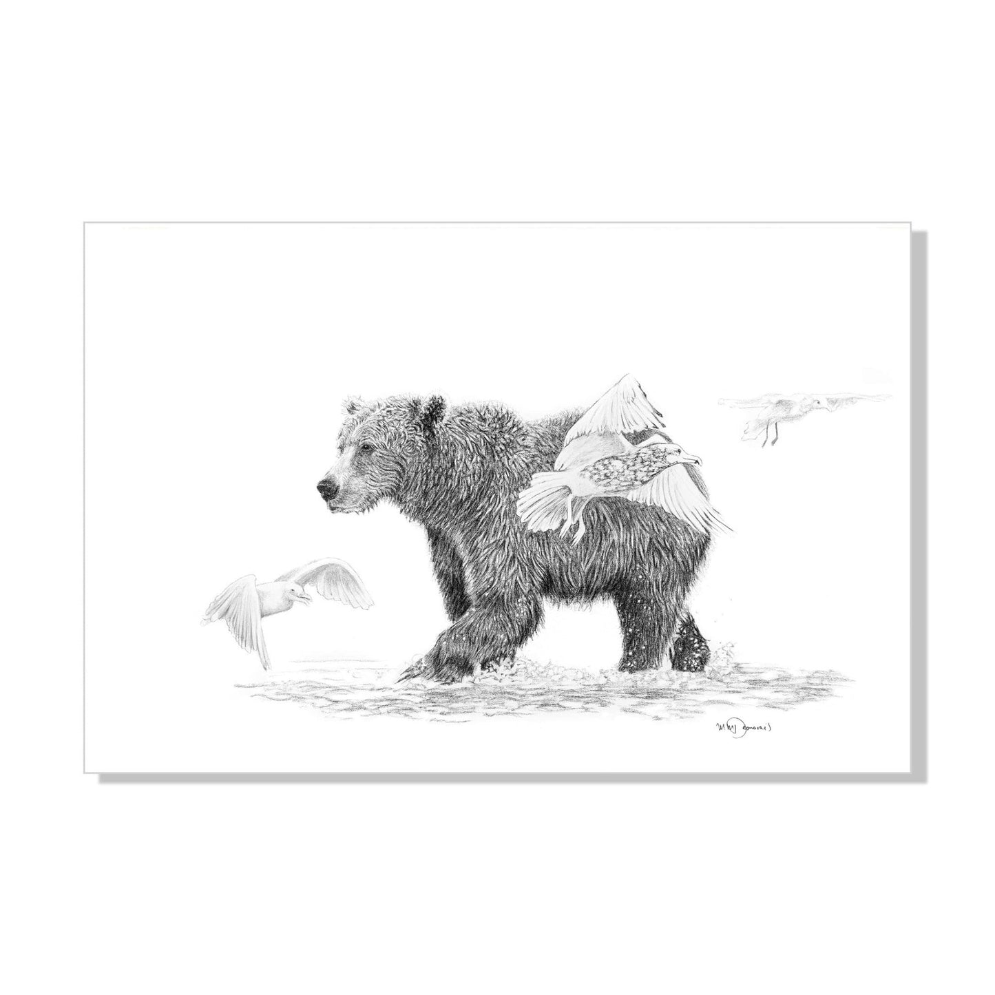 Grizzly avec oiseaux - Décoration murale animalière du bois
