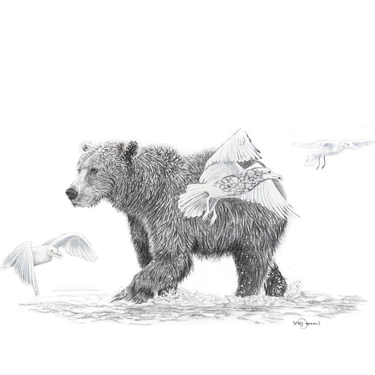 Grizzly avec oiseaux - Décoration murale animalière du bois