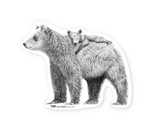 Autocollant Grizzly avec ourson sur le dos pour bouteille d'eau, agenda ou ordinateur