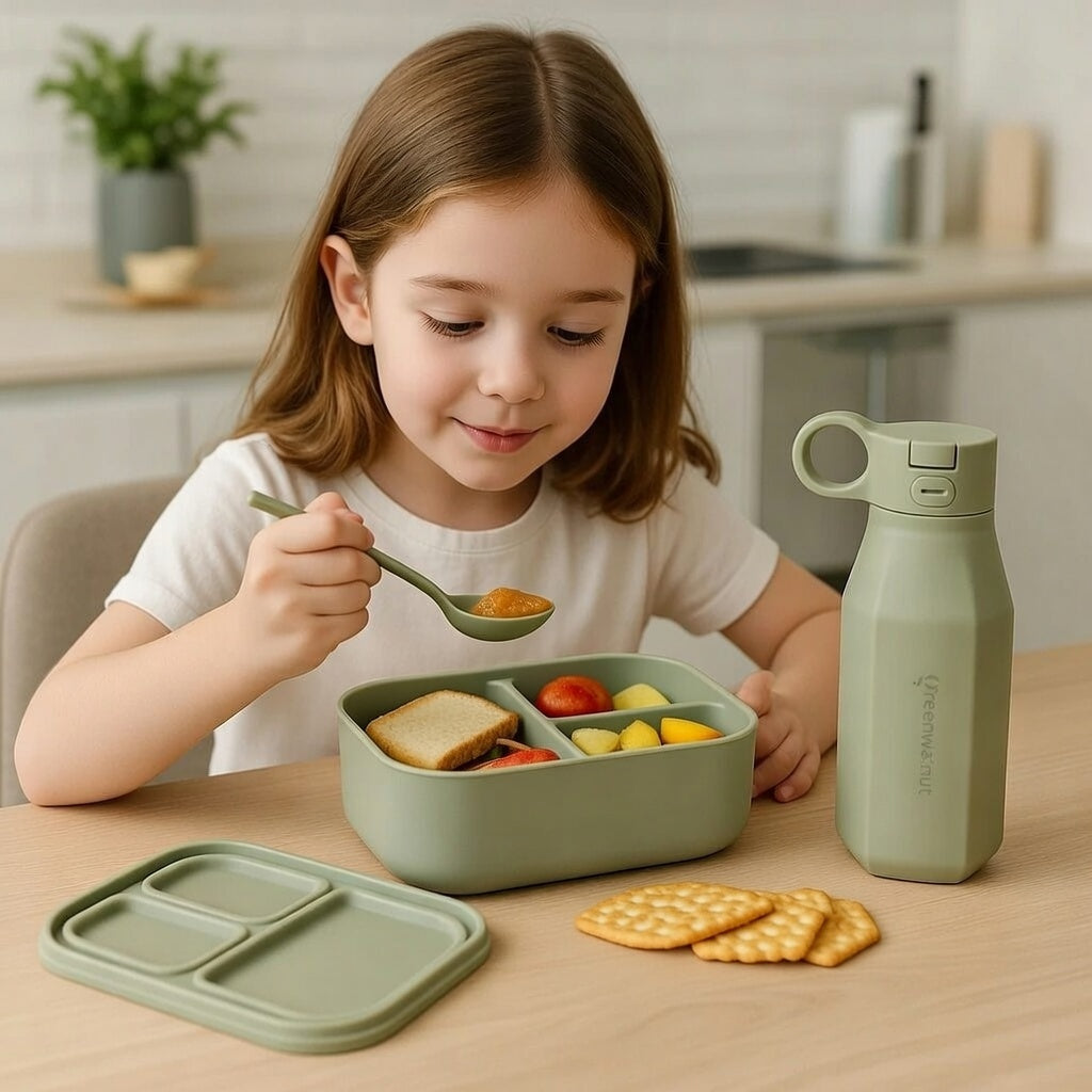 Ensemble de 3 Boîtes Bento et Bouteilles en Silicone (Rose + Bleu + Sauge)