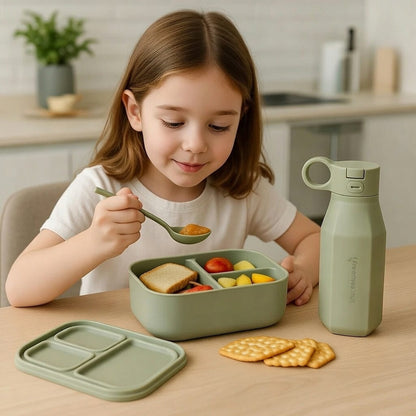 Ensemble de 3 Boîtes Bento et Bouteilles en Silicone (Rose + Bleu + Sauge)