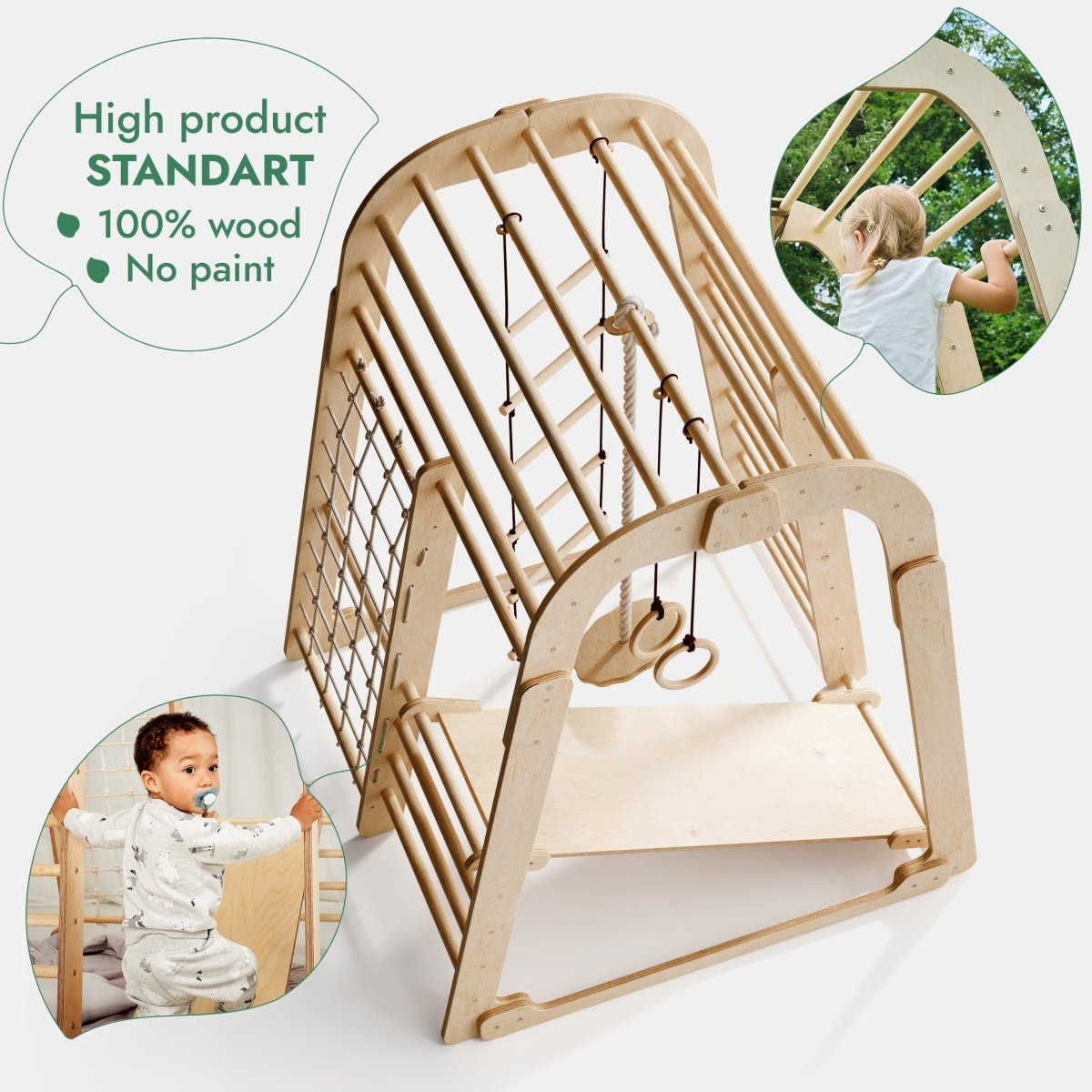 Aire de jeux intérieure en bois pour enfants - Aire de jeux 6-en-1 + Balançoires + Toboggan