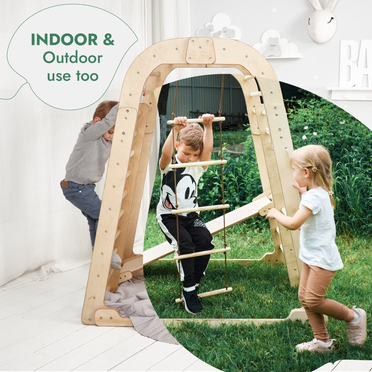 Aire de jeux intérieure en bois pour enfants - Aire de jeux 6-en-1 + Balançoires + Toboggan