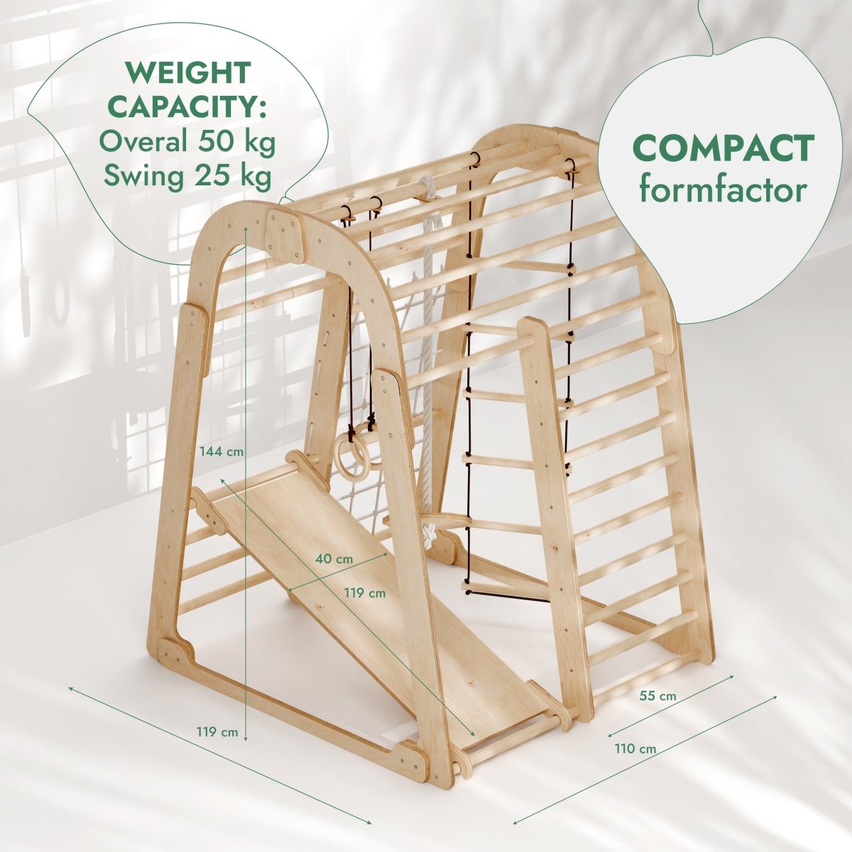 Aire de jeux intérieure en bois pour enfants - Aire de jeux 6-en-1 + Balançoires + Toboggan